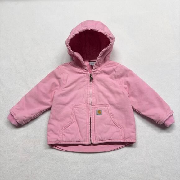 Carhartt Toddler Girls 18M Duck Canvas Jacket Sherpa Lined Hooded Insulated Pink - Picture 1 of 11